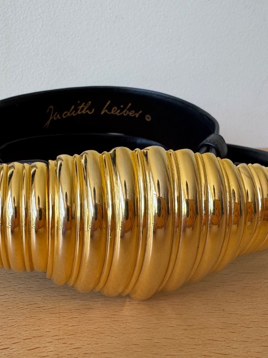 Vintage Judith Leiber Wide Black Leather Belt Ribbed Gold Tone Hinged Adjustable main image 4